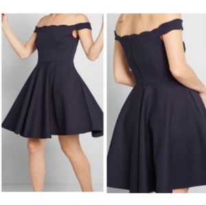 Modcloth fit and flare navy scalloped off the shoulder dress